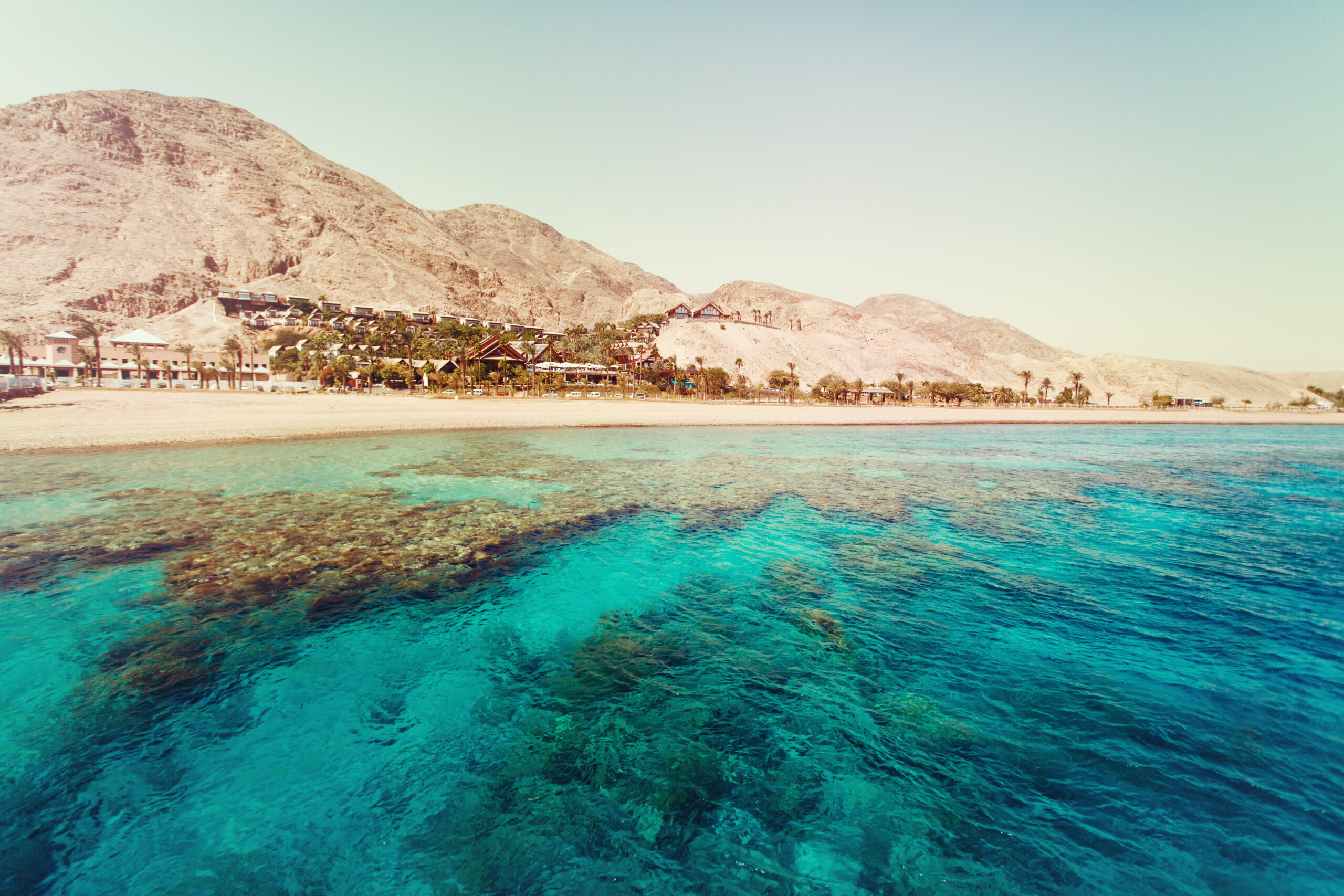Red Sea with Coral Reefs. Israel. Palm Trees and Mountain View from the Sea. Vintage Retro Toned Image. Selective focus.